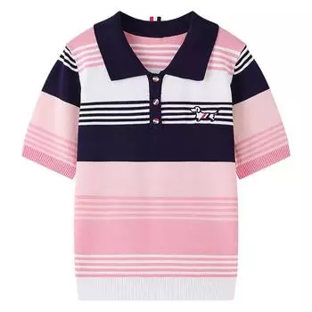 Лето Осень Женщины Вышивка Собака Вязаный Полосатый Свитер Поло Джемпер Топы One Size розовый