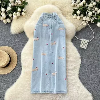 Лето Осень Женская Повседневная Вышивка Собака Высокая Талия Длинная Юбка-Карандаш Миди Джинсы S синий