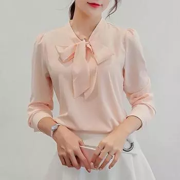 Лето Осень Женская розовая белая шифоновая блузка модная корейский стиль галстук-бабочка воротник женская рубашка офисная повседневная с длинным рукавом базовый топ M белый