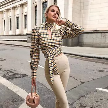 Лето Осень Женский Длинный Рукав Сексуальный Спинка Клетчатый Топ S жёлтый