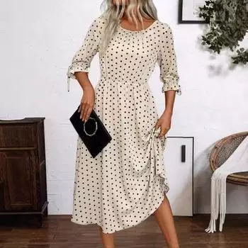 Лето-осень женское элегантное удобное платье в горошек с широкой талией и рукавами средней длины, платья А-силуэта S