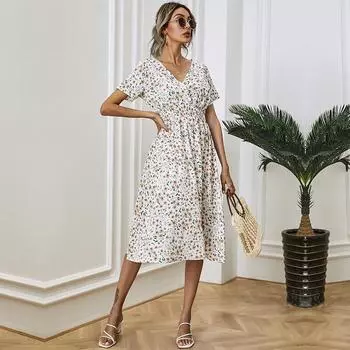 Лето-осеннее длинное платье с цветочным принтом, женское повседневное облегающее платье с v-образным вырезом и коротким рукавом, высокой талией, S-XL S белый