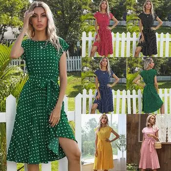 Лето-осеннее длинное платье в горошек, женское повседневное платье с круглым вырезом и коротким рукавом, с высокой талией, тонкий бандажный пояс S чёрный