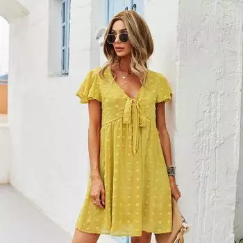 Лето-осеннее однотонное короткое платье женское повседневное с v-образным вырезом и короткими рукавами-бабочками, бандажное, с высокой талией, S-XL M синий