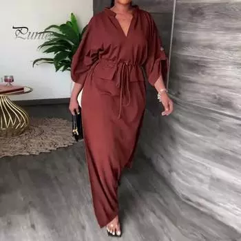 Лето-осеннее платье с V-образным вырезом и шнурком. Тонкая талия. Рукава три четверти с разрезом по бокам. Чистый цвет с запонками. Повседневная одежда. Платье макси для свиданий. 2XL оранжевый