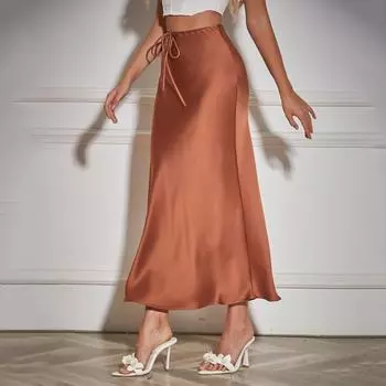 Лето-осеннее женское платье-футляр на шнуровке, элегантное шелковое атласное платье длиной до пола с высокой талией, эластичная юбка длиной до щиколотки, линия A S коричневый