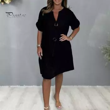 Лето-Осеннее женское платье с V-образным вырезом и рукавами три четверти, свободное платье больших размеров до колена в стиле ретро, повседневная одежда, офисное повседневное платье миди XXL оранжевый