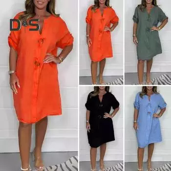 Лето-Осеннее женское платье с V-образным вырезом и рукавами три четверти, свободное платье больших размеров до колена в стиле ретро, повседневная одежда, офисное повседневное платье миди XXL оранжевый