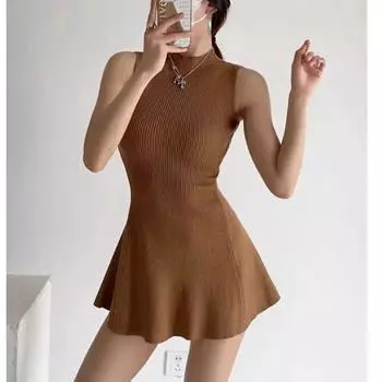 Лето-осеннее женское сексуальное трикотажное мини-платье трапециевидной формы с воротником-стойкой без рукавов, однотонное тонкое короткое платье, женское сексуальное платье-майка One Size белый