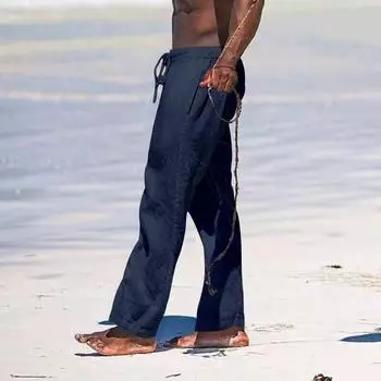 Лето-осенние мужские льняные брюки, легкие пляжные брюки для йоги с веревкой, свободные повседневные брюки, удобные хлопковые, конопляные, простые дышащие M чёрный