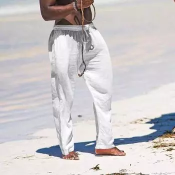 Лето-Осенние мужские прямые хлопковые льняные брюки, мужские белые, черные, синие однотонные дышащие свободные брюки с эластичной резинкой на талии M чёрный