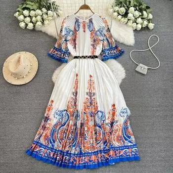 Лето-Осенние женские брендовые дизайнерские платья с принтом, длинные макси-негабаритные свободные плиссированные вечерние платья One Size