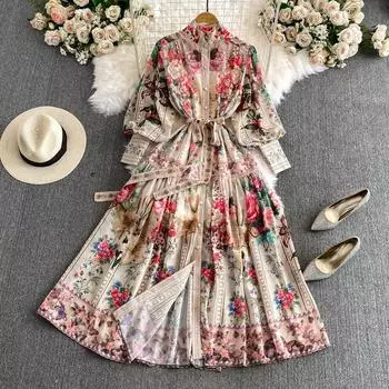 Лето-Осенние женские брендовые дизайнерские винтажные шифоновые платья с принтом, длинные макси-оверсайз, свободные праздничные пляжные платья S хаки