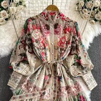 Лето-Осенние женские брендовые дизайнерские винтажные шифоновые платья с принтом, длинные макси-оверсайз, свободные праздничные пляжные платья S хаки