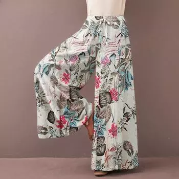 Лето-осенние женские брюки с принтом, растягивающаяся талия, повседневные женские широкие брюки с цветочным принтом, приятные для кожи и удобные S жёлтый