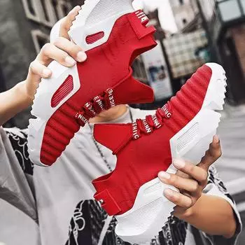Лето-Осенняя белая спортивная обувь на массивном каблуке, мужская обувь, модные летающие тканые кроссовки 39 красный