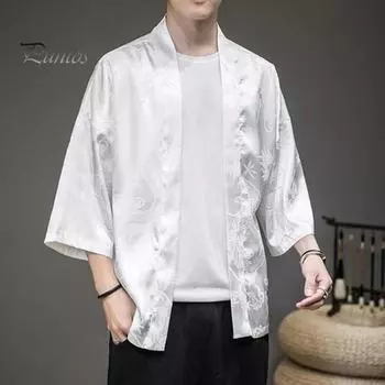 Лето-осенняя мужская рубашка, винтажный китайский стиль, кардиган из ледяного шелка с драконом, большие размеры, свободная шаль с длинными рукавами, солнцезащитное пальто M чёрный