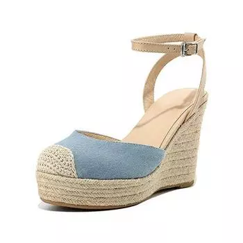 Лето-осенняя обувь из коровьей кожи с круглым носком на танкетке и каблуке, женские туфли-лодочки с плетением травы на щиколотке 34 синий