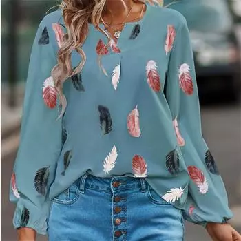 Лето-Осенняя женская блузка с v-образным вырезом и принтом перьев, свободная рубашка с длинными рукавами, черный, розовый, белый, женский топ больших размеров S вино красного