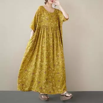 Лето Плюс Художественное Ретро Свободное Круглое Вырезом Короткие Рукава Платье Для Женщин Повседневные Платья one size