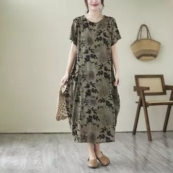 Лето Плюс Художественное Ретро Свободное Платье С Короткими Рукавами Для Женщин Повседневные Платья L