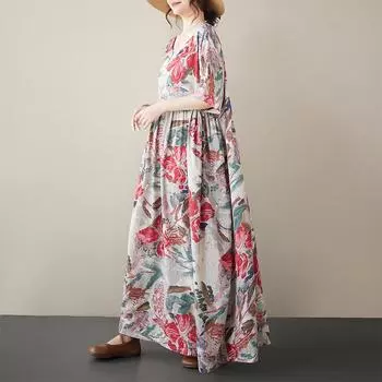 Лето Плюс Художественное Свободное Повседневное Платье А-силуэта Средней Длины С Короткими Рукавами Для Женщин Повседневные Платья M