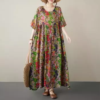 Лето Плюс Художественный Ретро Свободный Круглый Вырез Пуловер Средней Длины Короткие Рукава Платье для Женщин average size