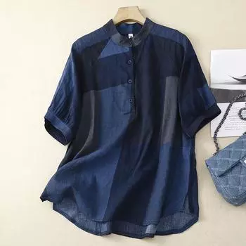 Лето Плюс Литературный свободный топ средней длины с принтом для женщин M синий