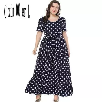 Лето плюс размер 4xl с точечным принтом женское длинное платье с поясом в пляжном стиле платья XL чёрный
