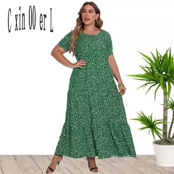 Лето плюс размер 5xl женское зеленое макси-платье с принтом трапециевидной формы, платья с короткими рукавами, тонкая одежда XL зелёный