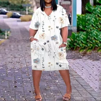 Лето плюс размер V-образным вырезом с короткими рукавами и карманами до колена с принтами повседневное платье для женщин XXXXL белый