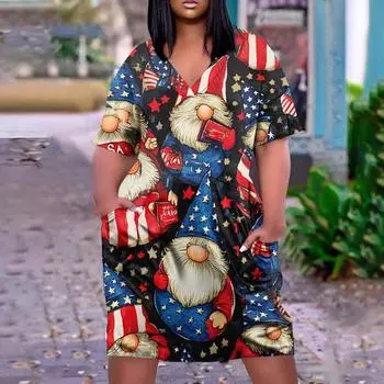 Лето плюс размер V-образным вырезом с коротким рукавом и карманом до колена с градиентным принтом повседневное платье для женщин XXXL чёрный