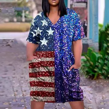 Лето плюс размер V-образным вырезом с коротким рукавом и карманом до колена с градиентным принтом повседневное платье для женщин XXXXXL фиолетовый