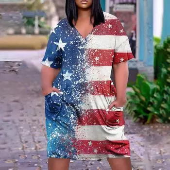 Лето плюс размер V-образным вырезом с коротким рукавом и карманом до колена с градиентным принтом повседневное платье для женщин XXL