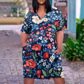 Лето плюс размер V-образным вырезом с коротким рукавом и карманом до колена с градиентным принтом повседневное платье для женщин XXXL синий