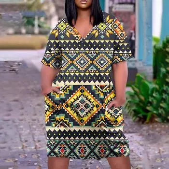 Лето плюс размер V-образным вырезом с коротким рукавом и карманом до колена с градиентным принтом повседневное платье для женщин XXXXL тёмно-синий