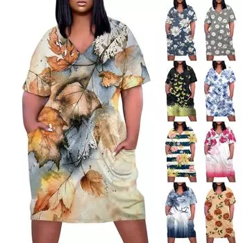 Лето плюс размер V-образным вырезом с коротким рукавом и карманом до колена с принтом повседневное платье для женщин L бежевый