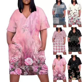 Лето плюс размер V-образным вырезом с коротким рукавом и карманом до колена с градиентным принтом повседневное платье для женщин L бежевый