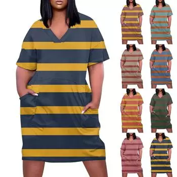 Лето плюс размер V-образным вырезом с коротким рукавом и карманом до колена с принтом повседневное платье для женщин L синий