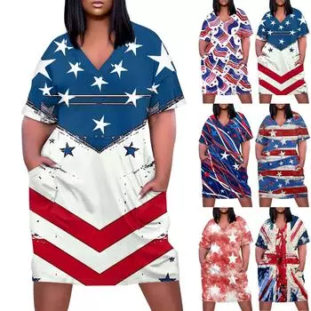 Лето плюс размер V-образным вырезом с коротким рукавом и карманом до колена с градиентным принтом повседневное платье для женщин L синий
