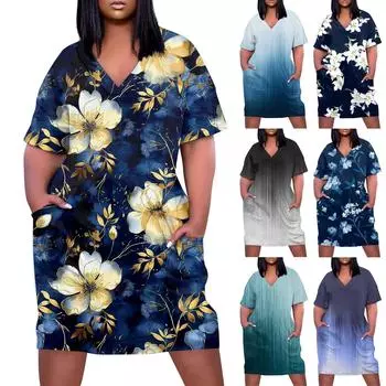 Лето плюс размер V-образным вырезом с коротким рукавом и карманом до колена с принтом повседневное платье для женщин L чёрный