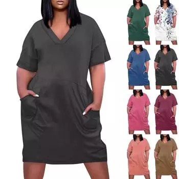 Лето плюс размер V-образным вырезом с коротким рукавом и карманом до колена с градиентным принтом повседневное платье для женщин L коричневый