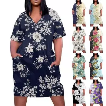 Лето плюс размер V-образным вырезом с коротким рукавом и карманом до колена с принтом повседневное платье для женщин L бежевый