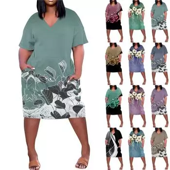 Лето плюс размер V-образным вырезом с короткими рукавами и карманами до колена с принтами повседневное платье для женщин L чёрный