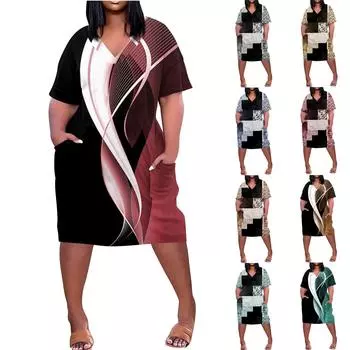 Лето плюс размер V-образным вырезом с короткими рукавами и карманами до колена с принтами повседневное платье для женщин L чёрный