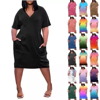 Лето плюс размер V-образным вырезом с коротким рукавом и карманом до колена с градиентным принтом повседневное платье для женщин L коричневый