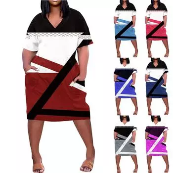 Лето плюс размер V-образным вырезом с короткими рукавами и карманами до колена с принтами повседневное платье для женщин L синий