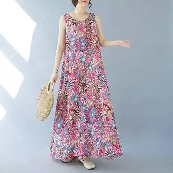 Лето Плюс Женское Ретро Художественное Свободное Платье Без Рукавов Хлопок Льняной Жилет Подтяжки Повседневные Платья L красный