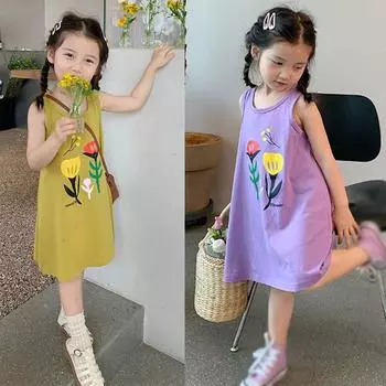 Лето, ранняя осень, свободное платье без рукавов для маленьких девочек, шикарное уличное повседневное платье с цветочным принтом 120