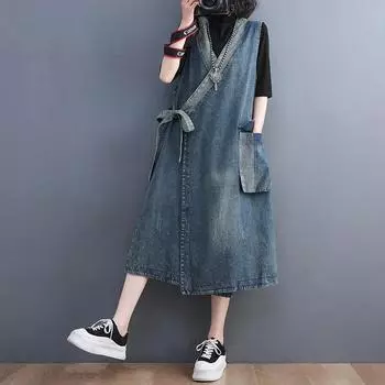 Лето Весна Дамы Классика Досуг Винтаж Vestidos V-образный вырез средней длины Юбка Женская Длинная Одежда Свободный Пояс Без Рукавов Джинсовые Платья XXL синий